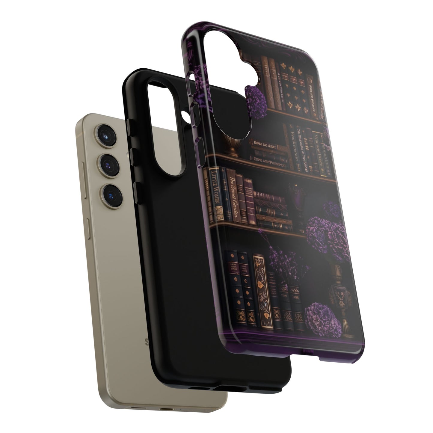 Purple Library - Personalized Favorite Book Phone Case with Custom Floral Bookshelf