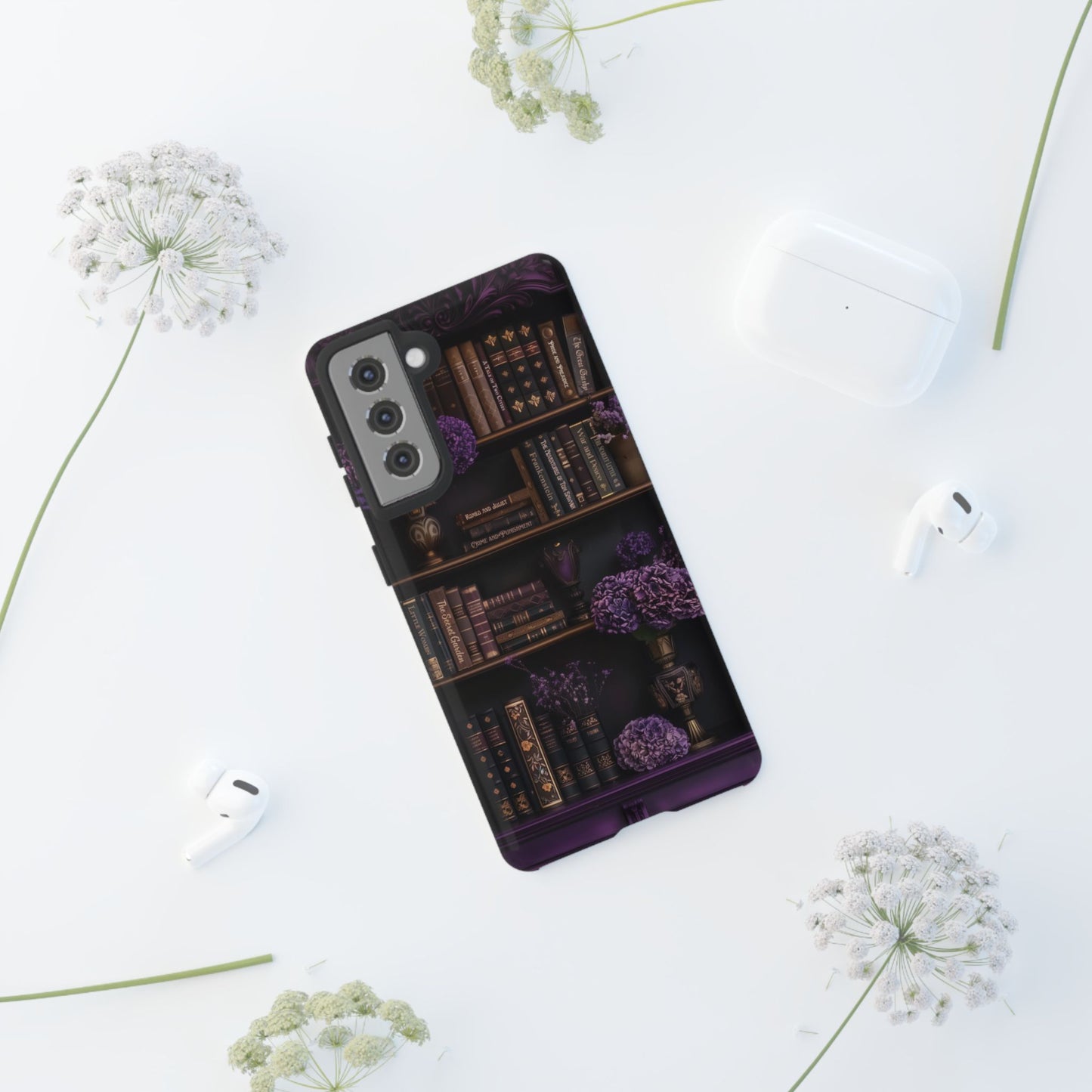Purple Library - Personalized Favorite Book Phone Case with Custom Floral Bookshelf