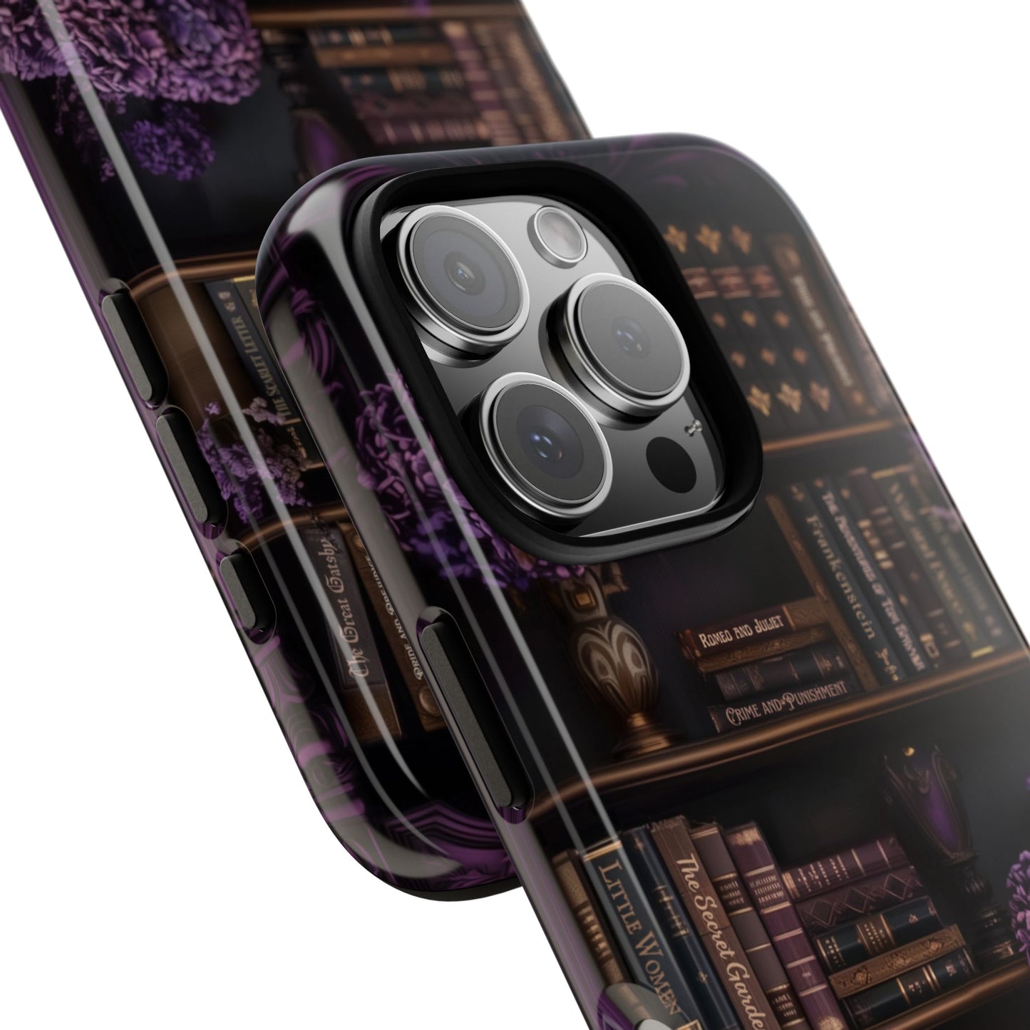 Purple Library - Personalized Favorite Book Phone Case with Custom Floral Bookshelf