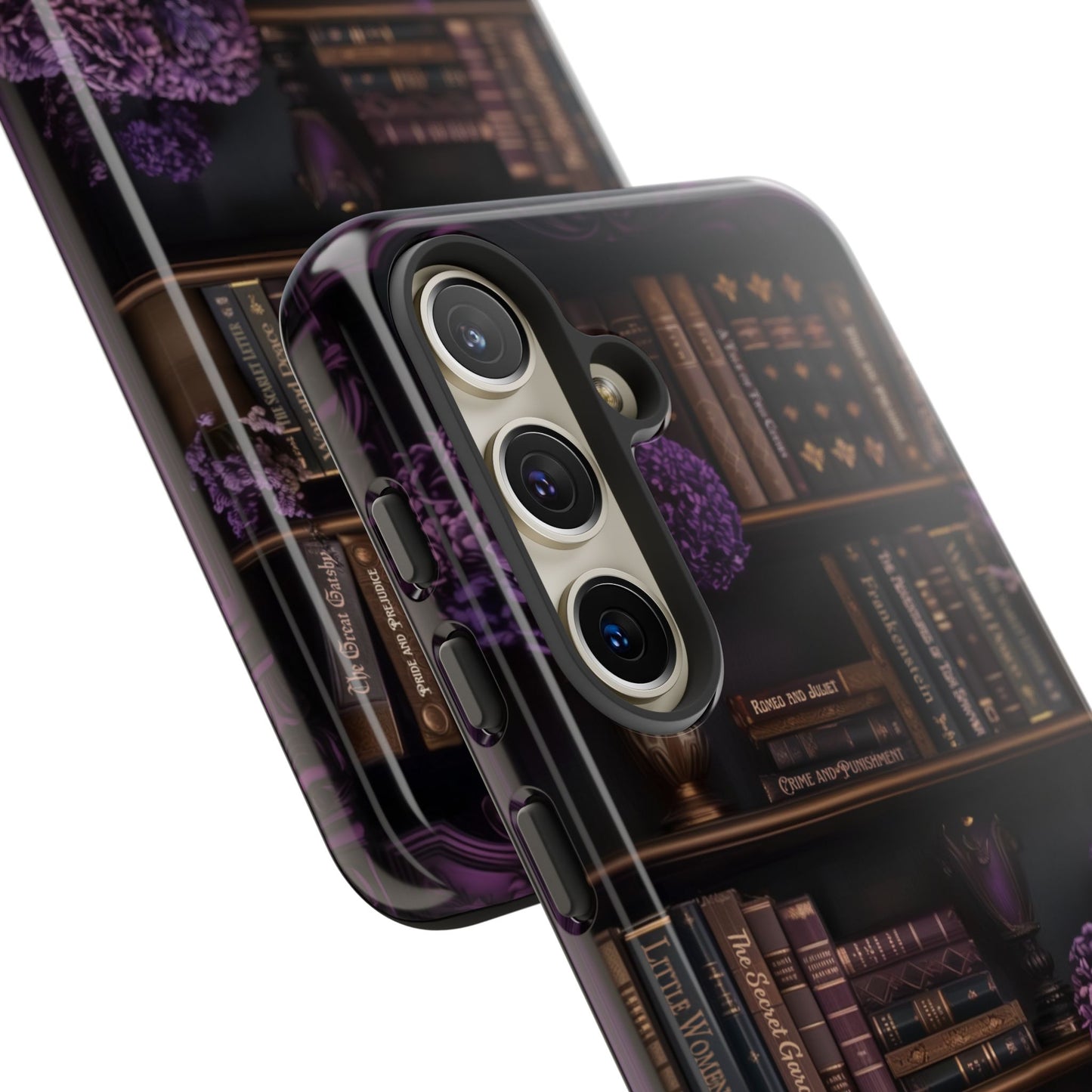 Purple Library - Personalized Favorite Book Phone Case with Custom Floral Bookshelf
