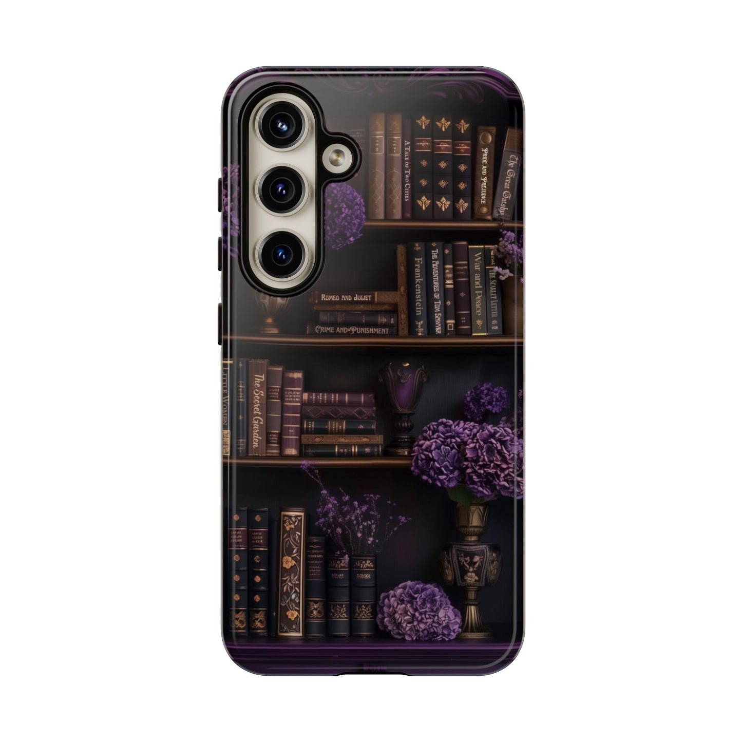 Purple Library - Personalized Favorite Book Phone Case with Custom Floral Bookshelf